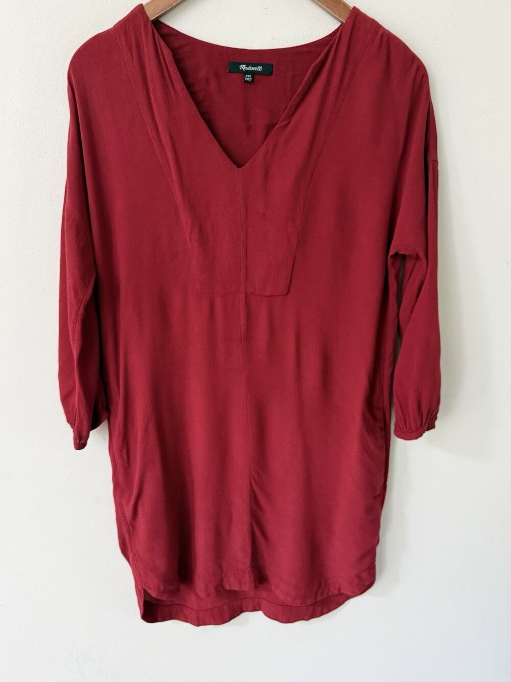 Madewell Du Jour 3/4 Sleeve Burgundy Tunic V Neck Pullover Shirt Dress XXS City
